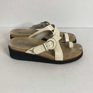Mephisto Sandals Womens 38 8 Cream Patent Leather Toe Loop Criss Cross Wedge
